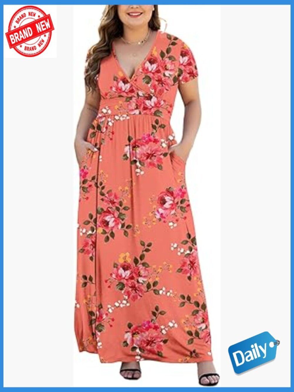 Plus Size Maxi Dress V Neck Flowy Swing Long Dress with Pockets Curvy Women